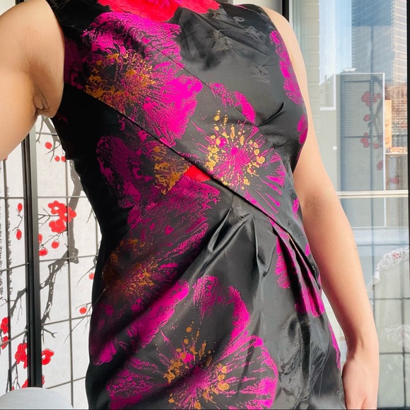 Tahari Satin Silk Chintz Floral Bodycon Wrap Knot Sleeveless Shaper Pencil Dress - Picture 6 of 16